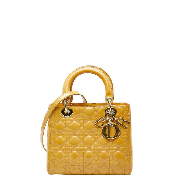 Dior Handbags - Christian Dior Cannage Lady Handbag Shoulder Bag Yellow Patent Vernis Leather